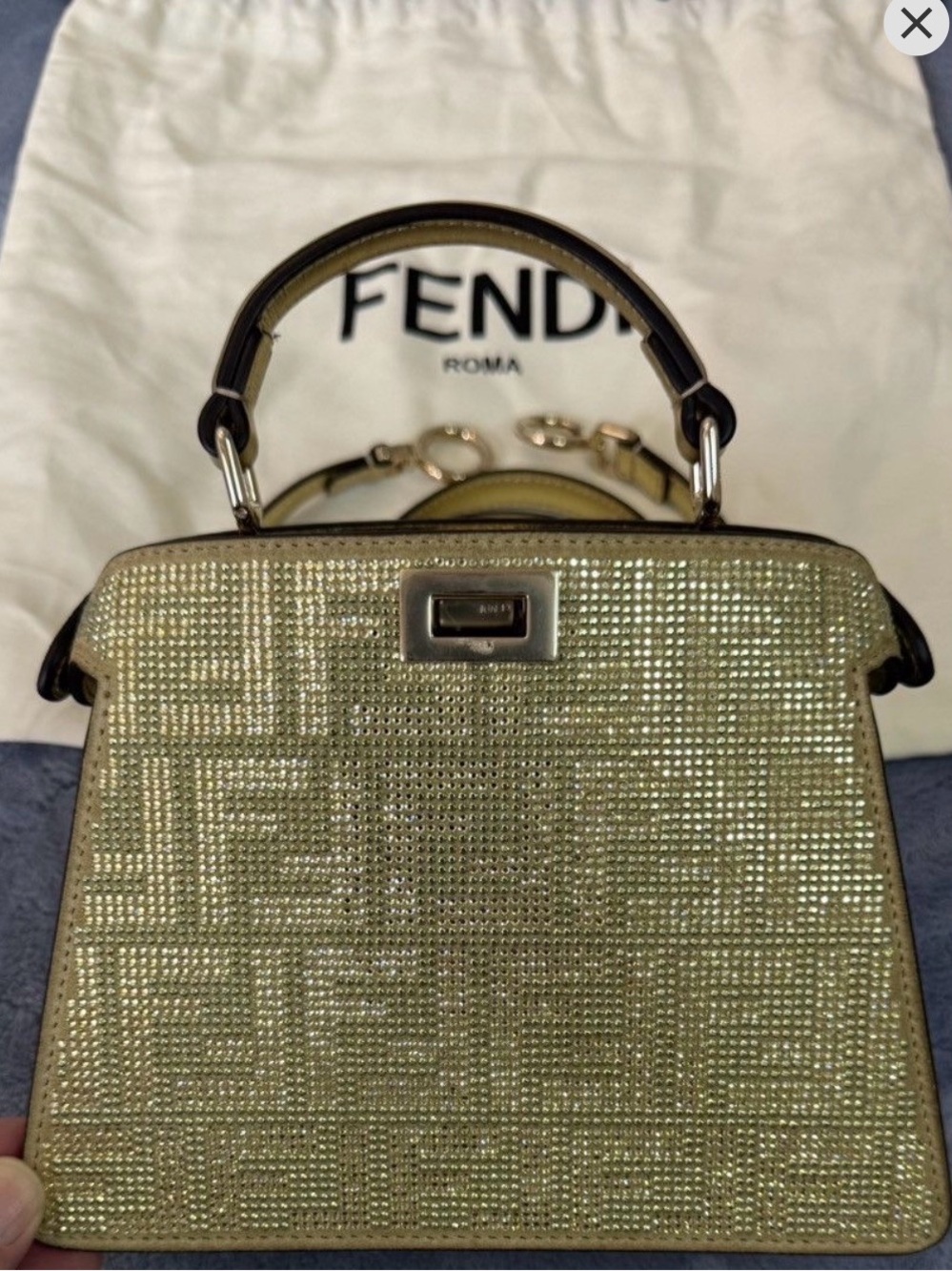 Fendi Gold Crystal-Vitello FF Petite Peekaboo satchel